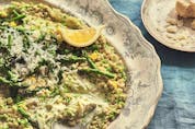 Green barley "risotto" with peas and asparagus from Claudia Roden's Mediterranean.