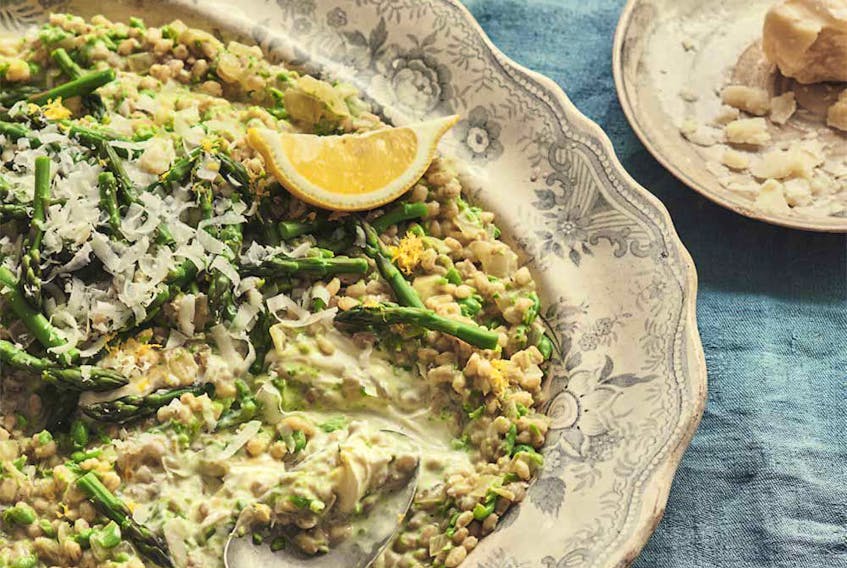 Green barley "risotto" with peas and asparagus from Claudia Roden's Mediterranean.