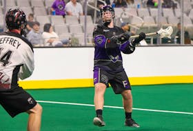 Former Panther City forward Dawson Theede sets to fire a shot a shot on goal in a Dec. 17 National Lacrosse League game against the Colorado Mammoth in Fort Worth, Texas. Theede makes his Halifax Thunderbirds debut this weekend against the league-leading Buffalo Bandits. - NATIONAL LACROSSE LEAGUE