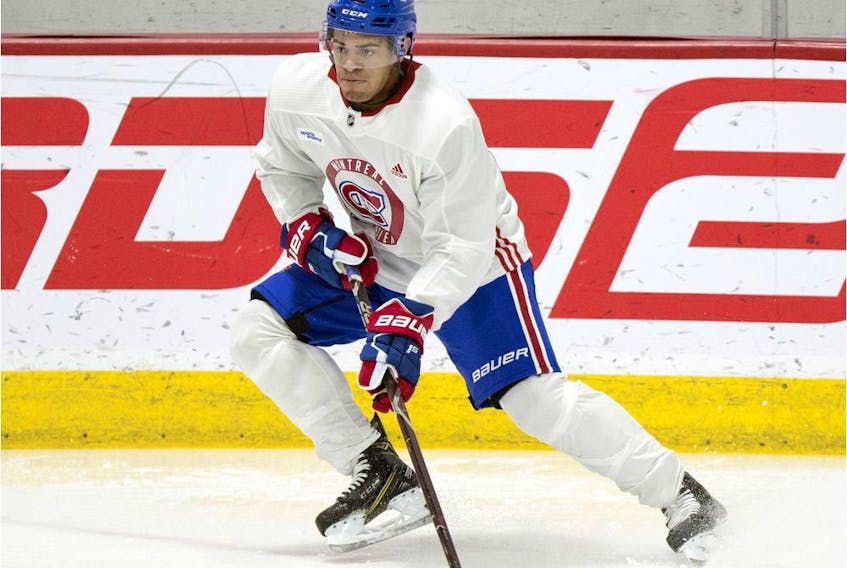 Defenceman Jayden Struble handles the puck during Montreal Canadiens development camp at the Bell Sports Complex in Brossard on June 26, 2019. 