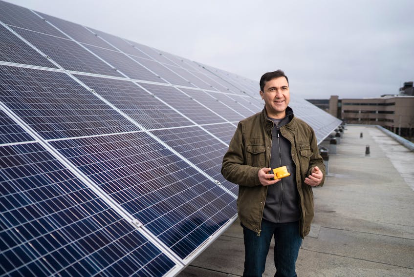 Saint Mary’s University professor Dr. Adel Merabet focuses his research on renewable energy sources such as more efficient battery storage and solar panels like the ones shown here at the NSCC Ivany Campus. CREDIT: Ian Selig photographer.