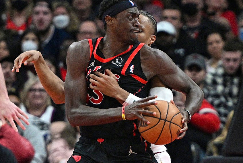 Raptors forward Pascal Siakam (43) is fouled by Cleveland Cavaliers guard Darius Garland (10) at Scotiabank Arena. 