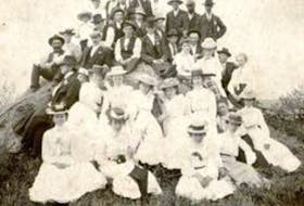 Temperence Picnic at Mira on Phillip's farm on Horn's road is shown in this photo from 1916.  Beaton Institute, Cape Breton University.