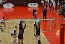 The Humber Hawks’ Erika Dodd, 13, hits the ball while the Holland Hurricanes’ Kateia Barenaba, 12, and Jenna O’Neill, 6, attempt to block at the net. The Hawks defeated the Hurricanes 3-0 (25-14, 25-15, 25-20) in a quarter-final game at the Canadian Collegiate Athletic Association (CCAA) women’s volleyball championship in Charlottetown on March 25. 