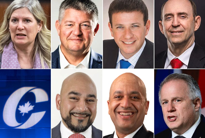 Conservative leadership hopefuls clockwise from top left: Leona Alleslev, Scott Aitchison, Roman Baber, Joseph Bourgault, Marc Dalton, Joel Etienne  and Bobby Singh.