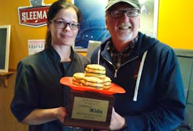 In 2018, the Capitol Pub in Middleton was the winner of the people’s choice award for Burger Wars. Kitchen manager Michelle Friel and owner John Bartlett proudly show off the trophy. 