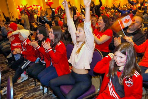 Calgary youth soccer teams were invited to join Calgary Minor Soccer Association (CMSA) for a watch party to see history unfold as Canada claimed their spot in the 2022 FIFA World Cup at the Deerfoot Inn and Casino Ballroom in Calgary on Sunday, March 27, 2022. 