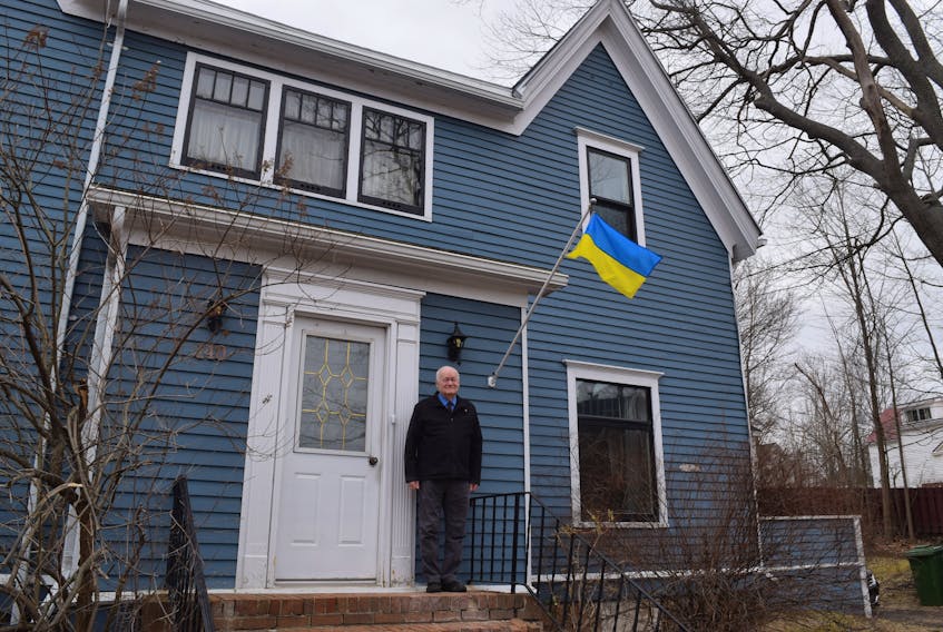 New Glasgow resident Clyde Macdonald is one of many people showing their support for Ukraine by flying a Ukrainian flag.