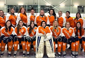 After a tough season which saw the team play only four games due to the COVID-19 pandemic, the Cape Breton Capers women’s hockey team will defend their title when they take part in the Atlantic Collegiate Hockey Association championship this weekend in Prince Edward Island. Members of the team, front row, from left, Morgan Marks, Karlie MacNeil, Robyn LeBlanc, Leah Byrne, Renae Boutilier, Jodi Dauphinee, Jordan Cormier, Madison Bresowar, and Jennifer Clark. Back row, from left, Madison MacDonald, Madison Capstick, Jaden MacLeod, Charlotte Musick, Maggie Berk, Madison Ahle, Alyssa Burke, Annie Gillis, Shawna Brown, and Morgan Bates. Missing from the photo Derrick Hayes (head coach), Steve Horne (assistant coach), Jenny Beaton (assistant coach), and Kaitlynn Hayes (trainer). PHOTO CONTRIBUTED.