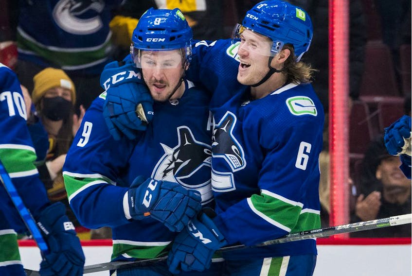 J.T. Miller (left) and Brock Boeser are two stars who would fetch a haul in any Canucks trade. But who should they hang on to long term if they can only pick one: An about-to-turn 29-year-old Miller or a just-turned 25-year-old Boeser?