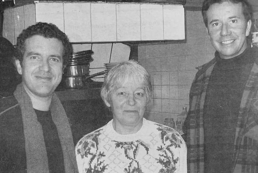 TV personality Rick Mercer, left, was in Cheverie and Windsor in March 2007 to tape a segment with Kings-Hants Liberal MP Scott Brison for his show, the Rick Mercer Report. Pictured with them is Doris Hagman, of the Avon Emporium restaurant in Summerville.