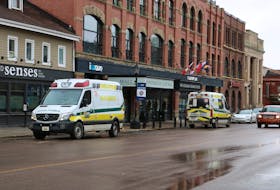 Two Island EMS ambulances respond to a call in downtown Charlottetown. Wait times for ambulances has been a near-constant focus during the spring sitting of P.E.I.'s legislature.