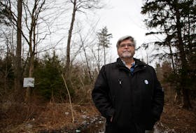 FOR JEN TAPLIN STORY:
Bill Zebedee, a member of the Protect Eisner Watershed group, is seen near the edge of the watershed area  in Dartmouth Tuesday March 29, 2022. The area behind Zebedee was driven through with an excavator ealier this January and the greoup is concerned that the project has not been propelry asssessed for development to retain some of the watershed. SEE JEN STORY FOR MORE DETAILS.