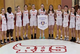 The Riverview Ravens capture the Highland Region Junior Varsity basketball championship last week, defeating the first-place Glace Bay Panthers in the league final. The team will now play in the School Sport Nova Scotia provincial championship this weekend in Alma. Members of the team are shown with the championship banner, from left, Emma Lawrence, Chelsea Amoake, Ayanna MacNeil, Gracey Smith, Bhreagh Dean, Jenna Timmons, Marlee MacDonald, Julia Pattengale, Autumn Brown, Trista Graham, and Danni Usher. Missing from the picture were coaches Leslie Timmons and Shaun Robinson as well as manager Andrew MacNeil. PHOTO CONTRIBUTED.