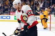 The Ottawa Senators' Connor Brown reacts after missing a penalty shot on Nashville Predators goaltender Juuse Saros during the second period at Bridgestone Arena on Tuesday night.