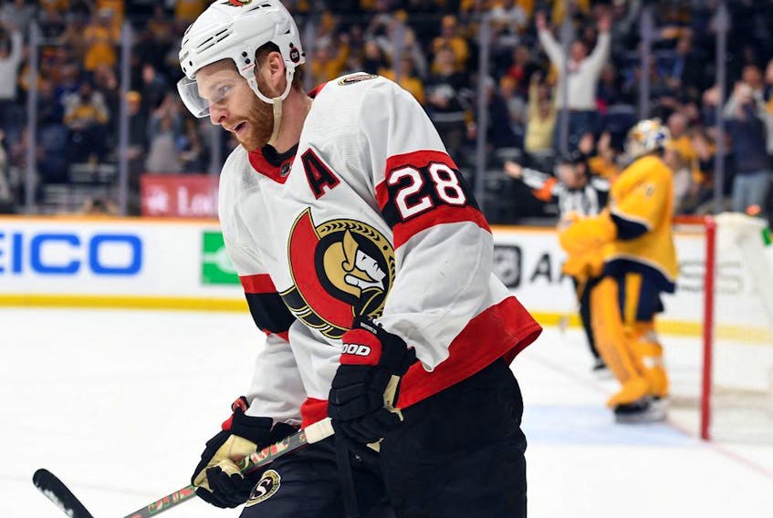 The Ottawa Senators' Connor Brown reacts after missing a penalty shot on Nashville Predators goaltender Juuse Saros during the second period at Bridgestone Arena on Tuesday night.