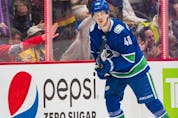  Vancouver Canucks forward Elias Pettersson (40) celebrates his goal against the St. Louis Blues in the second period at Rogers Arena.