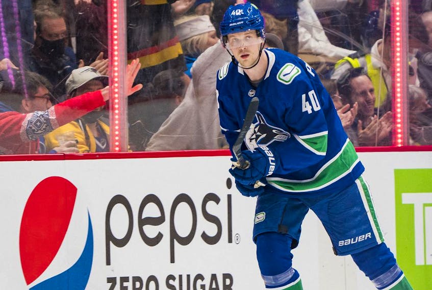  Vancouver Canucks forward Elias Pettersson (40) celebrates his goal against the St. Louis Blues in the second period at Rogers Arena.