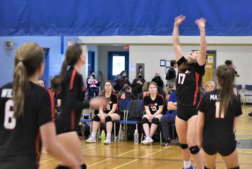 Sophie Fraser (#17) volleys the ball for a teammate during Pictou County Invasion action versus the Truro Cougars, in Truro on March 27.