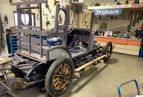 In this most recent photo of the Call of the West’s 1924 Haynes automobile, components of the wooden body are being assembled and attached to the frame. Ken Edgecombe photo