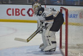 Oliver Satny follows the puck during a Quebec Major Junior Hockey League (QMJHL) game at Eastlink Centre in Charlottetown earlier this season. Satny recorded his first QMJHL shutout in the Islanders’ 3-0 road win over the Victoriaville Tigres on March 3.