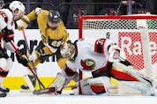 Anton Forsberg (31) of the Ottawa Senators defends the net against William Carrier (28) of the Vegas Golden Knights in the first period of their game at T-Mobile Arena on March 6, 2022 in Las Vegas, Nevada.