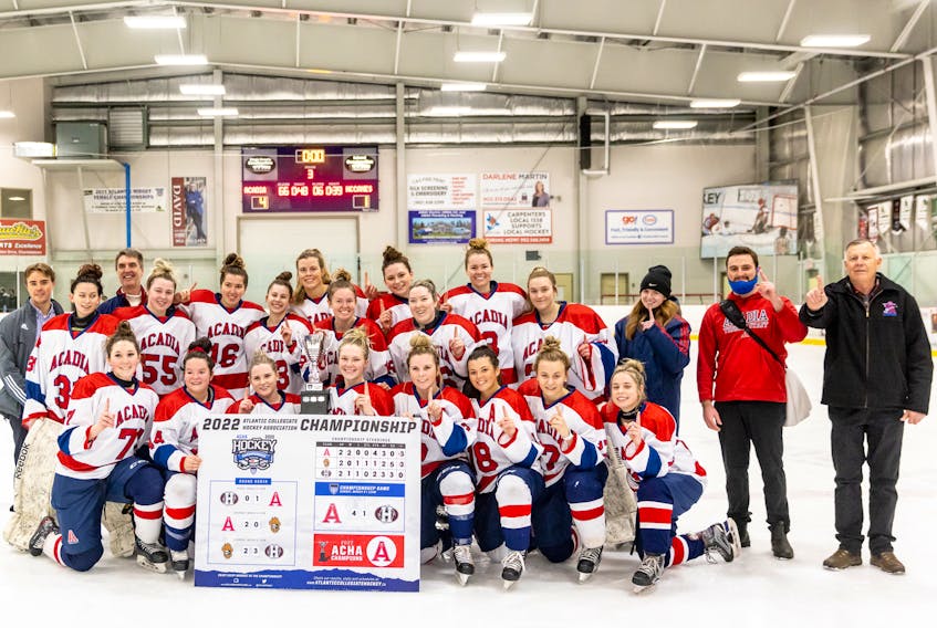 The Acadia Axewomen won the Atlantic Collegiate Hockey Association championship March 6 in Montague, P.E.I. Team members, front row, from left, are Caroline Steeves, Chantelle Richard, captain Andrea Pyke, assistant captain Brooke Switzer, assistant captain Abby Legere, assistant captain Allie Norris, Kenzie Cecchetto and Nia Gardin. Second row, student volunteer Nicholas Roberts, Avary Miller, coach Scott Roberts, Grace Smith, Brenna Verran, Karsen Roy, Maddie Phillips, Kristen Hardy, Emma Taylor, Melanie Davidson, Emma Dixon, Paige Mather, Kristen Macneil, athletic therapist Tanner Bowie and coach Curtis Weatherbee.