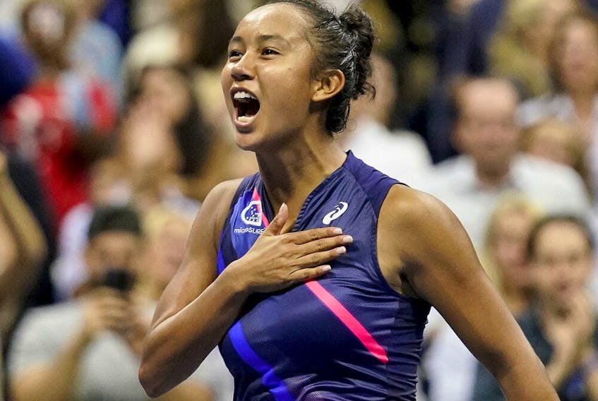 Laval's Leylah Fernandez reacts after defeating Aryna Sabalenka,of Belarus during the semifinals of the US Open tennis championships on Sept. 9, 2021, in New York.