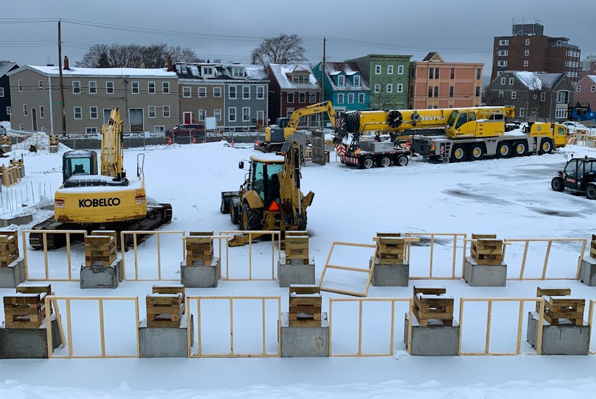 Construction continues at the parking lot of the Centennial Pool in Halifax, in this photo taken on Sunday, March 6, 2022. In the latest update, the temporary emergency housing project is expected to be finished in May.