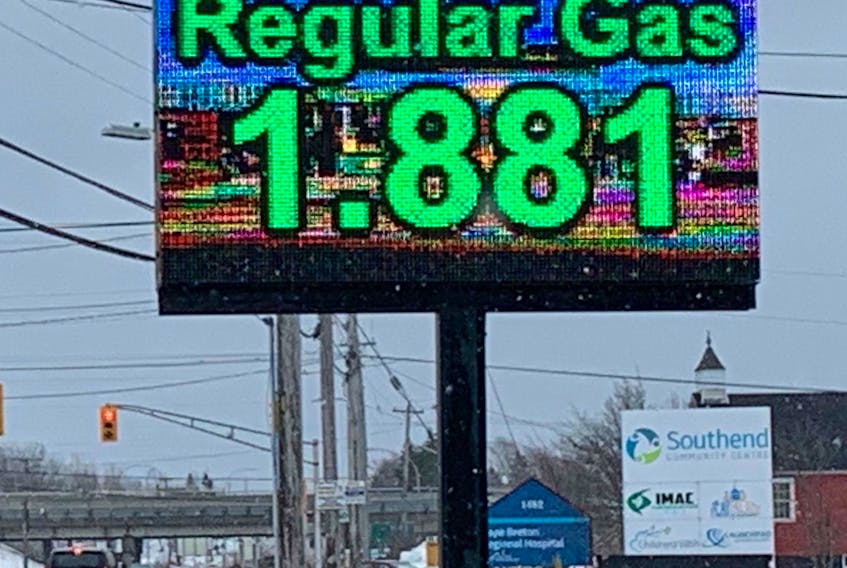 The price of fuel has fast become the talk of the town. And for those who didn’t know about the latest increase in gas and diesel, this Caper Gas ad on a large electronic billboard on George Street near the Cape Breton Regional Hospital ensured they knew after passing by. On Tuesday, the minimum price of regular gasoline was $1.88.1 per litre in Cape Breton, while the cost of diesel now sells for a minimum of $2.01.6. DAVID JALA/CAPE BRETON POST