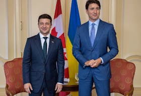 Ukrainian president Volodymyr Zelenskyy pictured with Prime Minister Justin Trudeau during a 2019 meeting in Toronto, where the topics discussed included "the possibility of Russian aggression." A former actor and comedian who once played the Ukrainian president in a popular TV show, Zelenskyy's staunch refusal to leave Kyiv has marked him as the face of Ukrainian resistance to the Russian invasion.