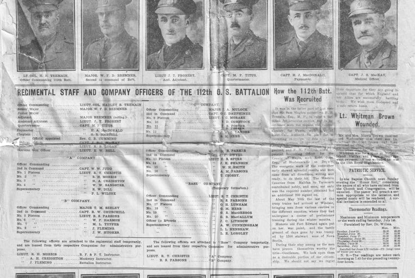 The front page of the Hants Journal, dated July 5, 1916, was dedicated to the departure of the 112th Battalion for England.