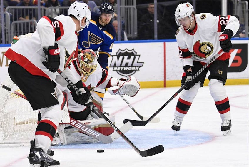 Ottawa Senators goaltender Anton Forsberg defends the net against the St. Louis Blues during the second period at Enterprise Center on Tuesday night.