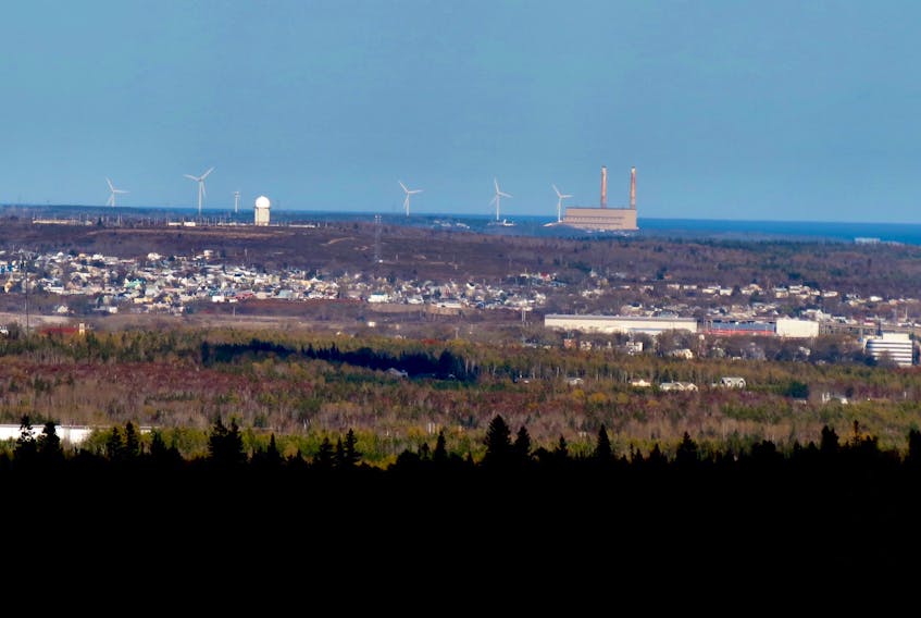 The Radar Base as seen from the top of the Coxheath Mountain Trail. Also shown is Lingan power plant and New Waterford windmills. 
