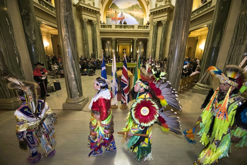 The grand entry of Indigenous representatives into the Rotunda at the Legislative Building in Regina Sask. on Jan. 7, 2019, before Premier Scott Moe made an official announcement on behalf to the provincial government to apologize for the Sixties Scoop. Canada’s historical oppression of Indigenous Peoples directly concerns languages. Troy Fleece/Postmedia News file