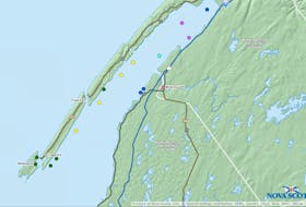 The yellow dots indicate the sites being sought for aquaculture fin farm development in St. Mary’s Bay Digby County by Canadian Salmon Farms. 