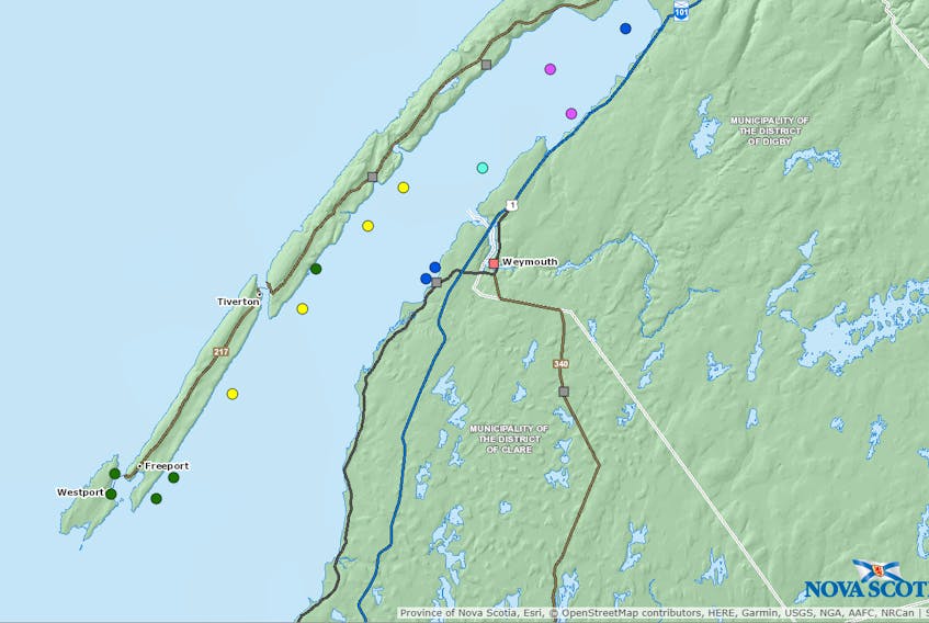 The yellow dots indicate the sites being sought for aquaculture fin farm development in St. Mary’s Bay Digby County by Canadian Salmon Farms. 