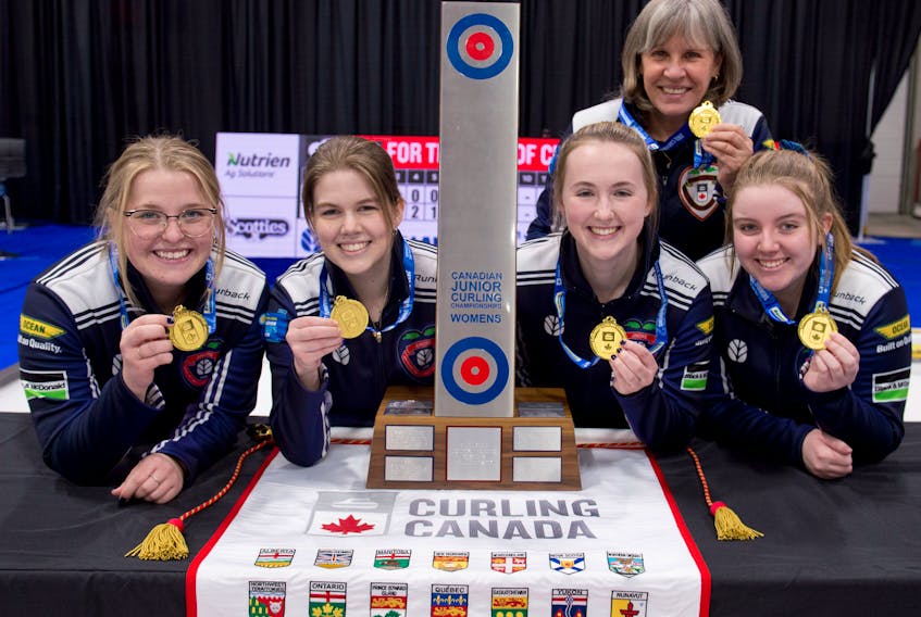 Nova Scotia's Taylour Stevens rink captured the Canadian Under-21 Curling Championship on Friday in Stratford, Ont. From left are Stevens, third Lauren Ferguson, second Alison Umlah and lead Cate Fitzgerald. Back row is coach Mary Mattatall. - Michael Burns/Curling Canada