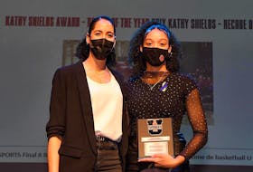 Cape Breton Capers freshman Kiyara Letlow, right, was given the Kathy Shields Award as the U Sports women’s basketball rookie of the year this week. She becomes only the second Caper women’s basketball player to receive the national honour. PHOTO CONTRIBUTED/U SPORTS.