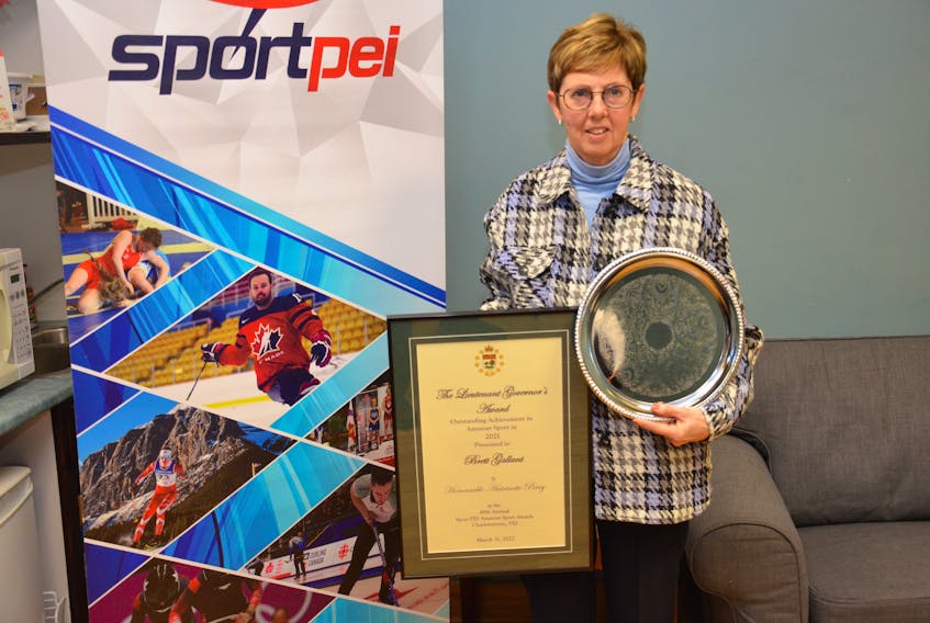 Kathie Gallant accepted the 2021 Lieutenant-Governor’s Award on behalf of her son, Brett Gallant, at the 48th annual Sport P.E.I. Awards in Charlottetown on March 31. Gallant, second stone with the Brad Gushue curling rink, was named P.E.I.’s top athlete for the fourth time.