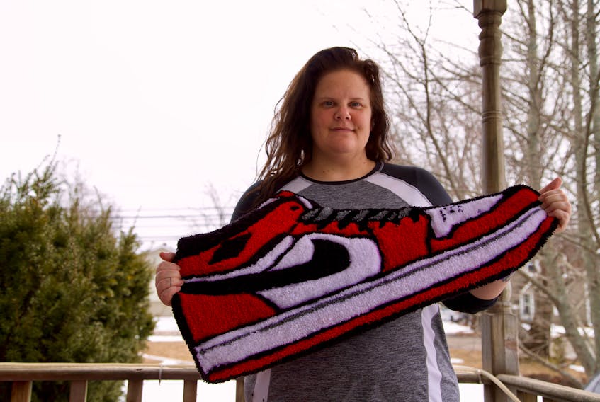Lindsey Mamye, a Charlottetown crafter, says she has received a number of custom orders since she began selling her rugs, including this Air Jordan 1 rug.