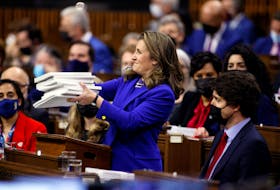 Finance Minister Chrystia Freeland holds the 2022-23 budget in the House of Commons on Parliament Hill in Ottawa on Thursday. The budget includes $173-million over 10 years to the Atlantic First Nations Water Authority. REUTERS/Blair Gable
