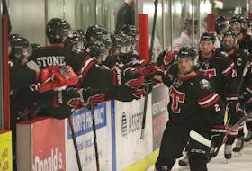 Truro Bearcats forward Tanner Humber-Dredge celebrates with his teammates after scoring the first goal of the game April 10 at the Kings Mutual Century Centre in Berwick.
