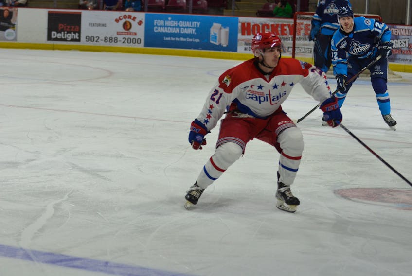 Summerside D. Alex MacDonald Ford Western Capitals’ first-year forward Connor Keough, 21, in action against the Edmundston Blizzard in the opening round of the Maritime Junior Hockey League (MHL) playoffs.