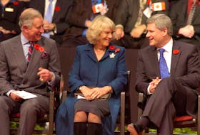 Prince Charles and his wife Camilla Parker Bowles share a laugh with Prime Minister Stephen Harper during welcoming ceremonies for the Royal couple at Mile One Centre during a 2009 visit to the province. — Photo by Keith Gosse/The Telegram
