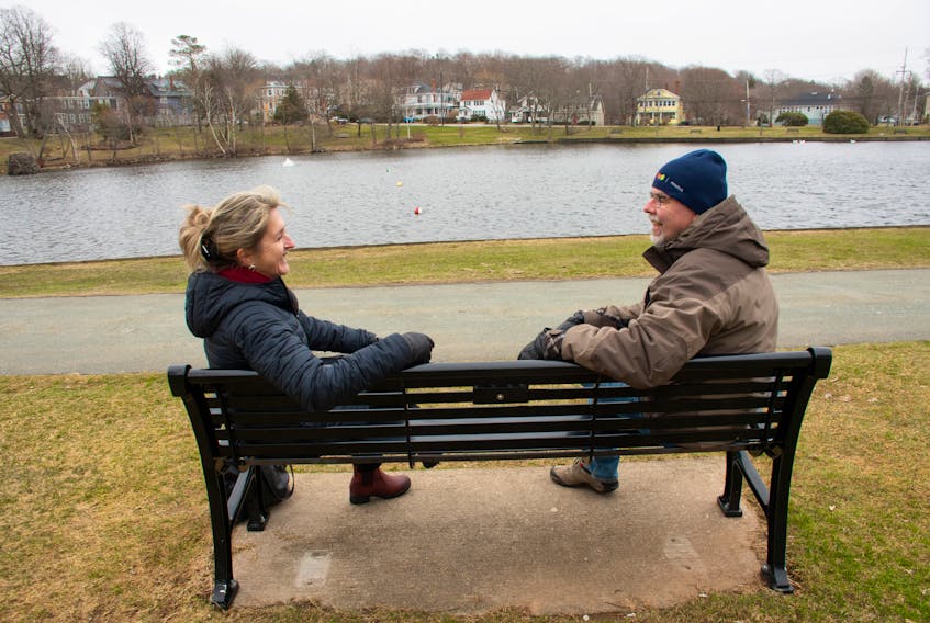 Monique Mullins-Roberts, coordinator for the Dartmouth Community Health Board, and Mike Vlahos, co-chair of the health board, talk on a bench near Sullivan's Pond in Dartmouth on Friday, April 8, 2022. Dartmouth will soon be getting happy to chat benches which will encourage people to connect with others in the community.
Ryan Taplin - The Chronicle Herald