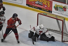 Truro Bearcats goalie Mavrick Goyer makes a save during Game 3 of the Maritime Junior Hockey League semifinal against the Valley Wildcats April 12 in Truro.