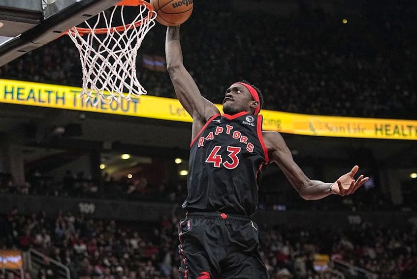 Apr 8, 2022; Toronto, Ontario, CAN; Toronto Raptors forward Pascal Siakam (43) goes to dunk the ball against the Houston Rockets during the second half at Scotiabank Arena.  