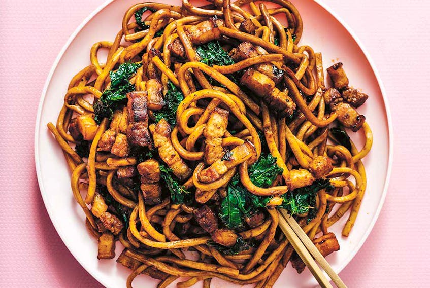 Better than takeout fried Shanghai noodles with pork belly and kale from That Noodle Life.