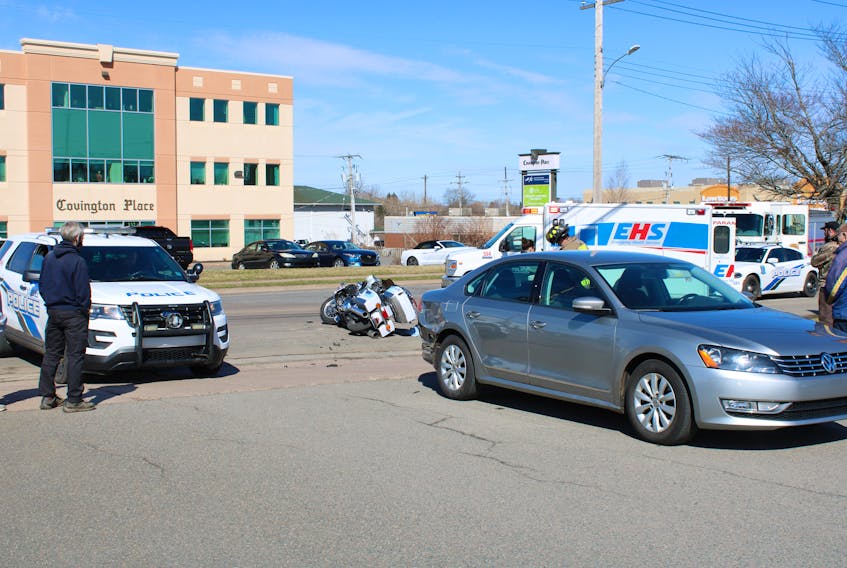 A motorcyclist hit the rear of a Volkswagen during the morning of April 12 on Willow Street in front of Home Hardware.